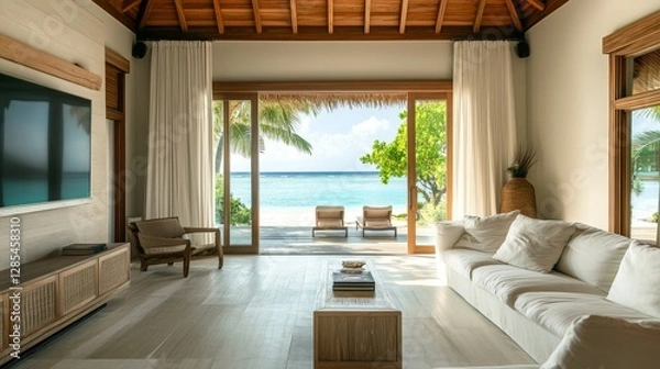 Fototapeta Relaxing Beachfront View From a Modern Villa Living Room With Large Windows and Natural Light During Midday