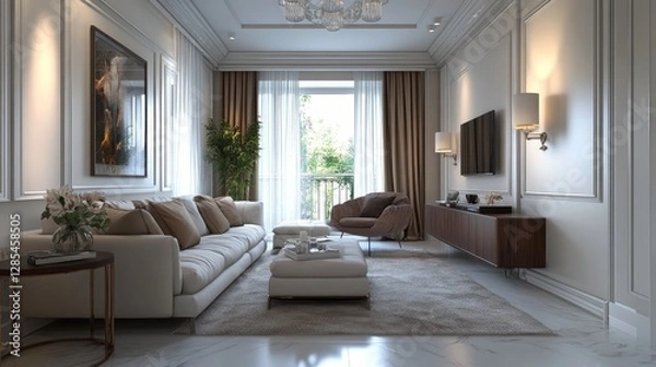 Fototapeta Relaxing Beachfront View From a Modern Villa Living Room With Large Windows and Natural Light During Midday