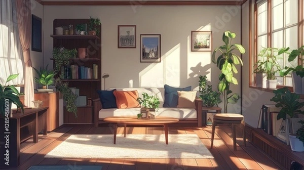 Fototapeta Relaxing Beachfront View From a Modern Villa Living Room With Large Windows and Natural Light During Midday