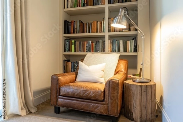 Fototapeta Cozy Reading Nook Featuring a Leather Armchair, Bookshelf, and Warm Lighting in a Modern Interior Space