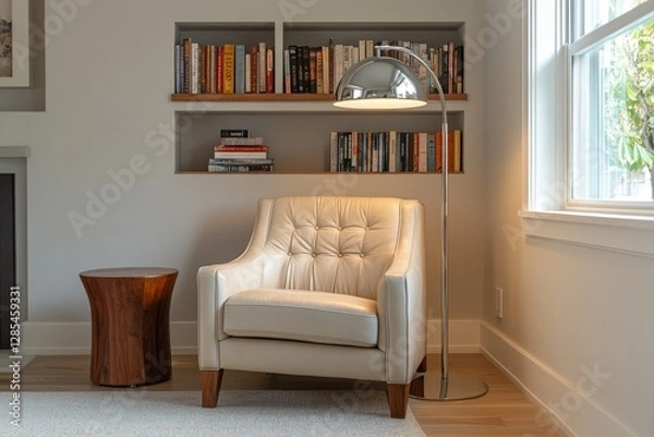 Fototapeta Cozy Reading Nook Featuring a Leather Armchair, Bookshelf, and Warm Lighting in a Modern Interior Space