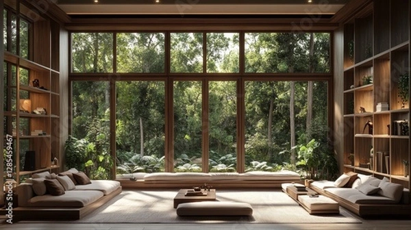Fototapeta Spacious Modern Living Room With Large Windows Showcasing a Lush Forest View During Daylight