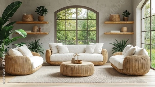 Fototapeta Spacious Modern Living Room With Large Windows Showcasing a Lush Forest View During Daylight