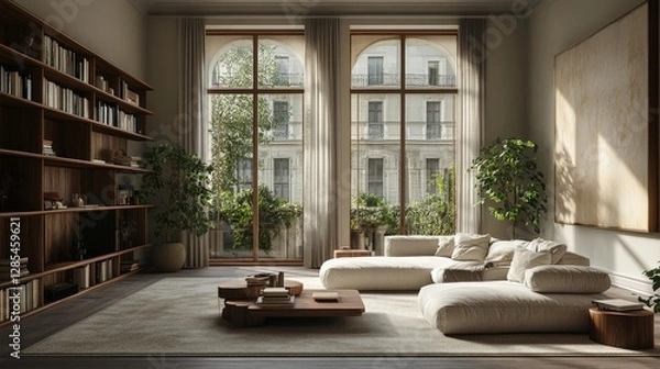 Fototapeta Spacious Modern Living Room With Large Windows Showcasing a Lush Forest View During Daylight