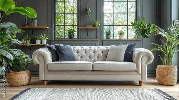 Fototapeta Spacious Modern Living Room With Large Windows Showcasing a Lush Forest View During Daylight