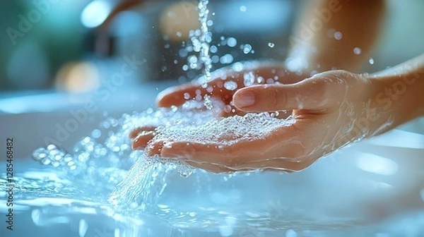 Fototapeta A woman washes her hands with clean water, creating a refreshing splash This image is perfect for a website banner promoting hygiene