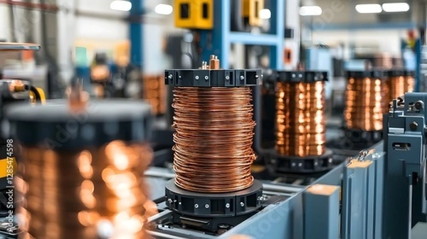 Fototapeta Closeup view of copper wire being carefully wrapped around a transformer core during the manufacturing process in an industrial factory setting