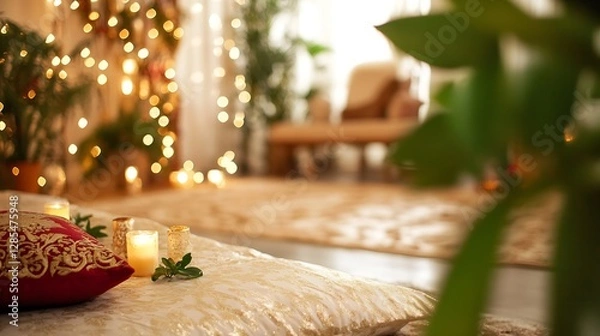 Obraz Cozy and Elegant Room Decorated with Soft Lights and Natural Elements : Generative AI