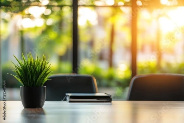 Obraz A serene indoor setting featuring a small potted plant on a table, with soft sunlight illuminating the background greenery