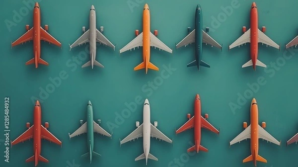 Fototapeta Aerial view of multiple colorful airplanes arranged in rows on a teal background, symbolizing aviation, transportation, and travel industry concepts.
