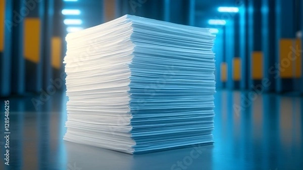 Fototapeta A tall stack of paper documents placed in a modern, futuristic office environment with blue lighting, symbolizing bureaucracy, paperwork, and data overload.
