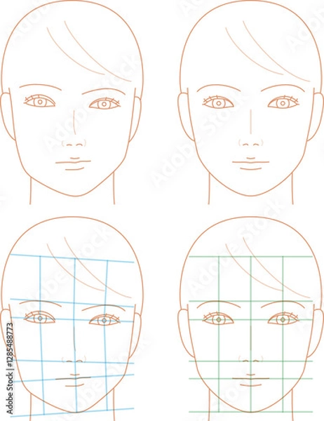 Obraz 女性の顔。シンメトリーの顔と歪みがある顔。