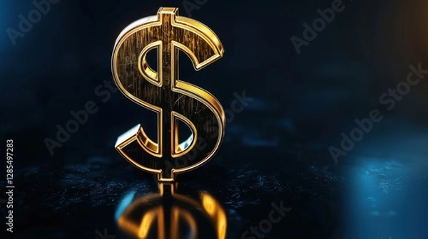 Fototapeta Gold Dollar Sign on Dark Background with Reflections and Highlights