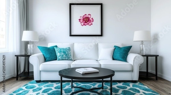 Fototapeta A modern living room featuring a white sofa, teal accents, and a floral artwork, creating a bright and inviting atmosphere.