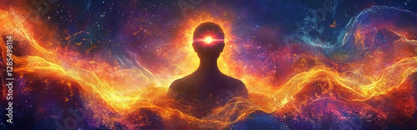 Fototapeta A meditative figure with a glowing third eye, surrounded by pulsating waves of golden energy