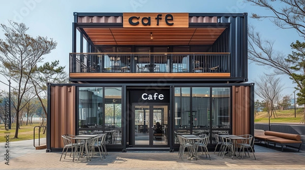 Obraz A modern two-story container coffee shop with a black and brown color scheme, reflecting Korean architectural style