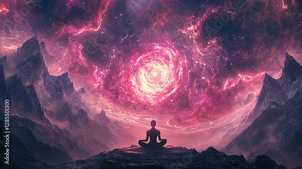 Fototapeta A vast cosmic landscape with glowing neon planets, floating galaxies, and a surreal liquid sky. Ethereal nebulae swirl in electric pink and deep violet, while a celestial figure meditates in the void