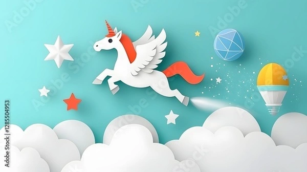 Fototapeta A fantastical of a winged unicorn soaring gracefully through a vibrant cloud filled sky surrounded by a trail of twinkling stars and cosmic energy