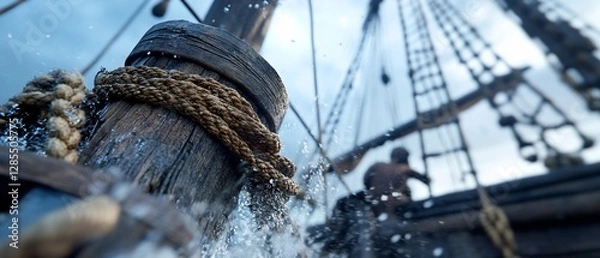 Obraz Sailing ship close-up, ocean spray, crew at work