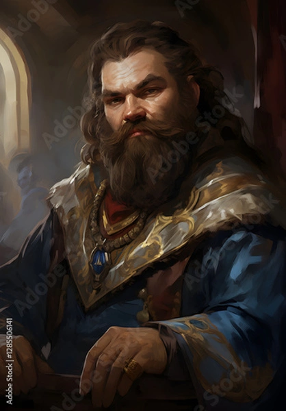 Fototapeta An imposing portrait of a bearded man in regal attire, exuding power and authority with a stern gaze. Rich colors and painterly style.