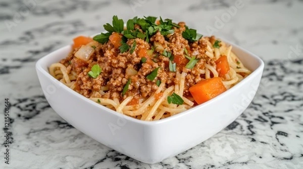 Fototapeta Delicious Spaghetti with Meat Sauce in White Bowl on Marble