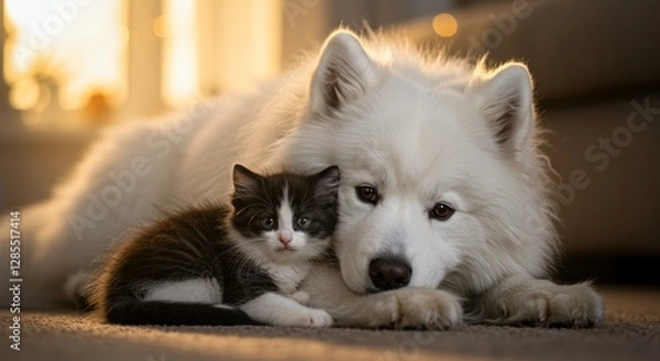 Fototapeta A heartwarming moment, A fluffy white dog affectionately embracing a kitten