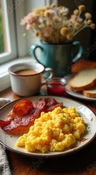 Fototapeta Plate of eggs bacon and toast on a table
