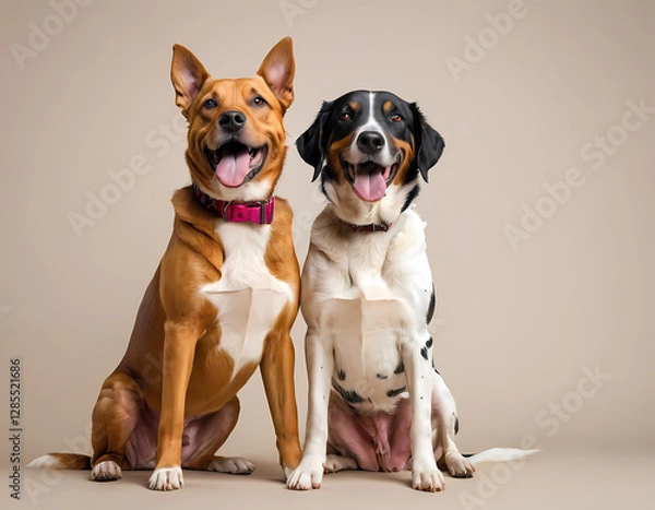 Fototapeta Cheerful dogs posing against a neutral background, showcasing their playful and friendly demeanor. Generative AI