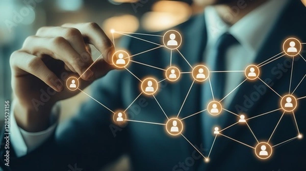 Fototapeta A Businessman Carefully Crafting A Network Of Connections, Building A Strong And Vibrant Community Through Strategic Partnerships, Illuminated By Warm, Soft Light