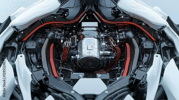 Fototapeta Partially open cyborg chest panel exposing an intricate power core surrounded by a network of tubes and moving parts showcasing advanced futuristic technology and engineering