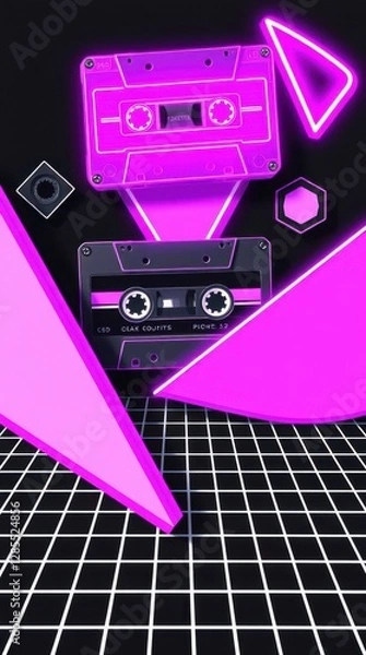 Fototapeta Retro Synthwave Aesthetic: Cassette tapes and neon shapes creating a nostalgic 80s feel, digital art.