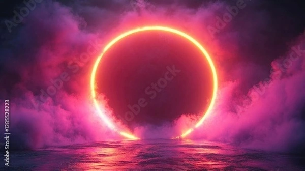 Fototapeta Vibrant neon sunset over a mystical ocean with swirling clouds and glowing reflections