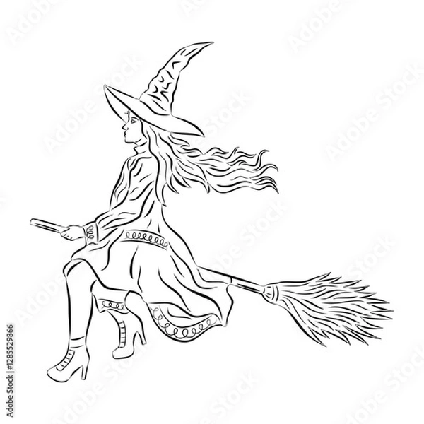 Fototapeta isolated illustration witch on the broom , black and white vector drawing, white background