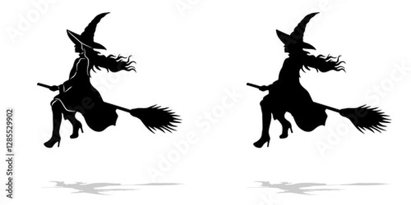 Fototapeta isolated silhouette witch on the broom , black and white vector drawing, white background