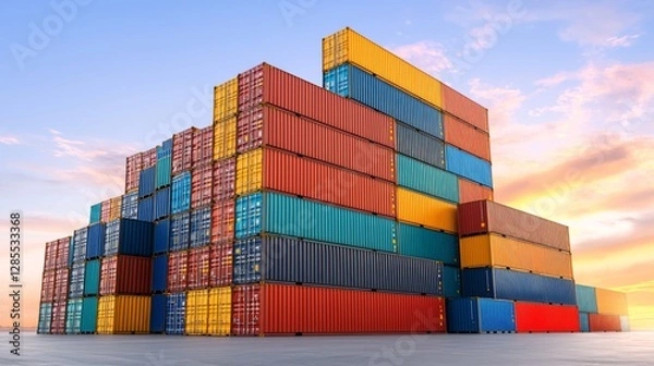 Obraz A vibrant stack of shipping containers against a colorful sunset, symbolizing global trade and logistics.