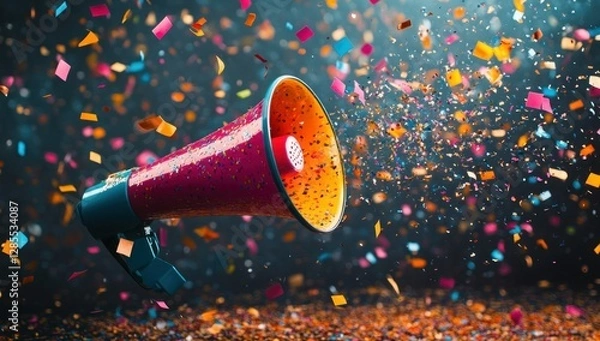 Fototapeta Megaphone announces a burst of confetti colorful celebration a vibrant explosion of joy and news colorful fragments float in mid air event promotion