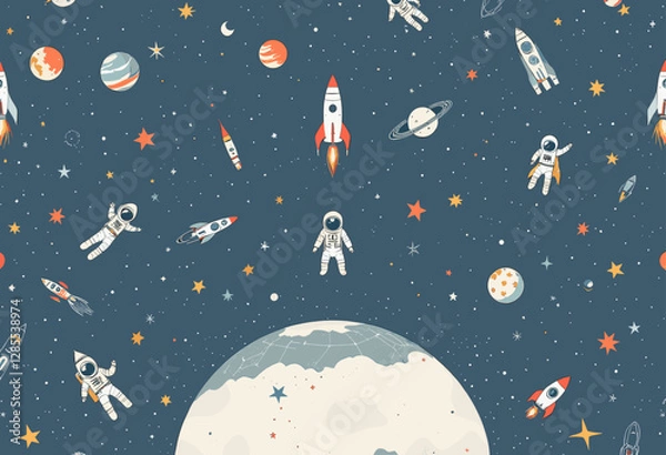Fototapeta a space theme with planets, stars, and spaceships, including a large moon and smaller planets, as well as an astronaut and a rocket ship.