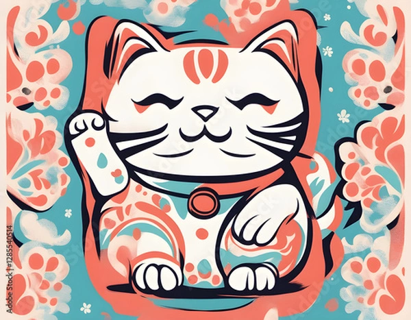 Obraz Lucky cat. Colorful cute screen printing effect.  Vector illustration background