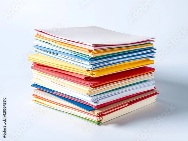 Obraz A neatly stacked pile of colorful folders and papers, representing office organization, schoolwork, and documentation. Generative AI