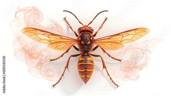 Fototapeta Hornet Up Close: This image presents a detailed view of a hornet, showcasing its intricate features and vibrant colors. The photograph highlights the insect's wings and body in sharp focus.