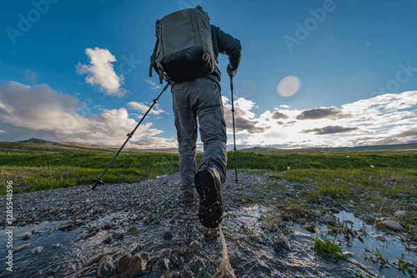 Fototapeta A tourist traveler with a backpack on his back and trekking poles in his hands walks through the water. A man in hiking shoes walks on the water, view from below.