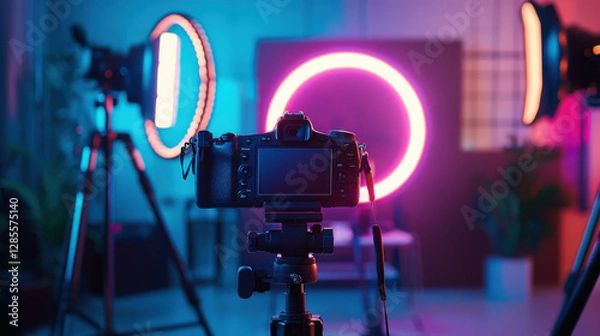 Obraz DSLR Camera on Tripod, Neon Lights Studio - Neon lighting