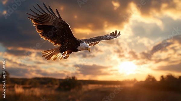 Fototapeta A majestic eagle soaring through a clear blue sky, with the sun glinting off its feathers, over a vast mountain range below. Ultra-Realistic, Photo Realistic, highly detailed