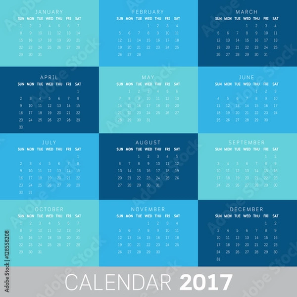 Fototapeta Calendar 2017 template design. Week starts from sunday. Vector illustration.