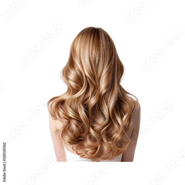 Fototapeta A woman with voluminous, wavy blonde hair viewed from the back, Isolated on white background.