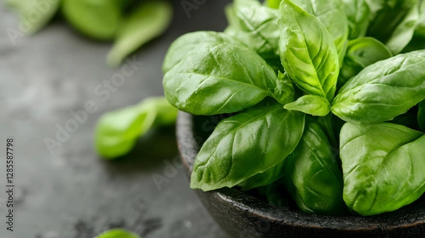 Fototapeta Fresh Basil Leaves in Wooden Bowl on Dark Background for Aromatic Culinary Uses : Generative AI