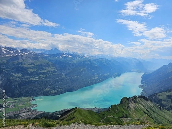 Fototapeta A breathtaking summer photo taken from the summit of Brienzer Rothorn, showcasing the serene beauty of Lake Brienz nestled in the Swiss Alps. The turquoise waters of the lake contrast beautifully with