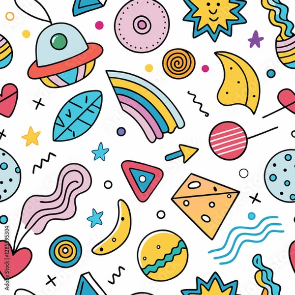 Fototapeta Colorful seamless pattern with hand-drawn doodles of  space, food, and geometric shapes.