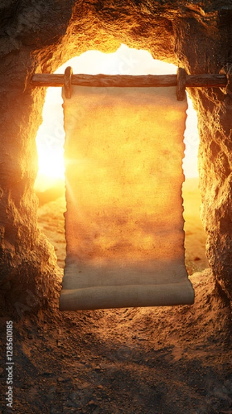 Fototapeta Ancient scroll hanging in a cave entrance