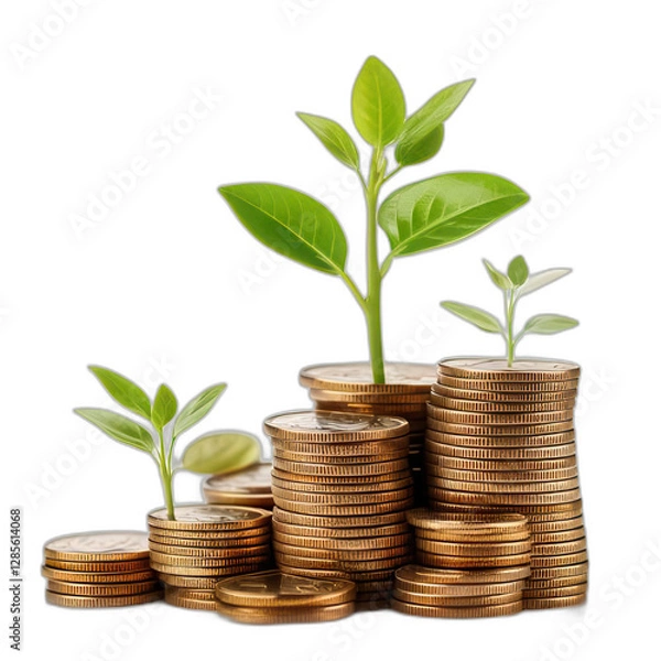 Fototapeta Coins Stacked with a Growing Seedling A Symbol of Investment Growth Isolated on White Bac